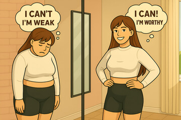 On the left, a woman is upset because of her excess weight and has thoughts in the clouds "I can't, I'm weak", on the right, a woman is slim, happy. Her thoughts: "I can, I'm worthy". Weight loss them