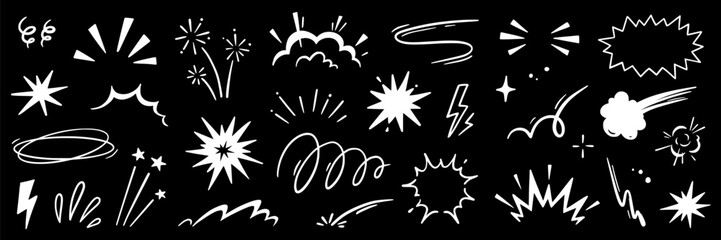 Line speed cartoon effect, comic smoke motion line element set. Comic boom motion, explosive energy, line speed cartoon vector icon. Hand drawn sketch doodle action effect. Vector illustration © Polina Tomtosova