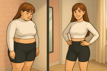 On the left, the woman is upset because she is overweight, on the right, the woman is slim and happy. Weight loss theme