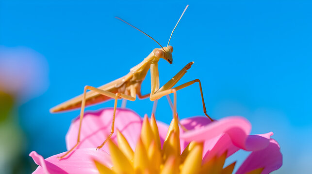 a close - up of a praying mantissa on a pink flower with a blue sky in the background.