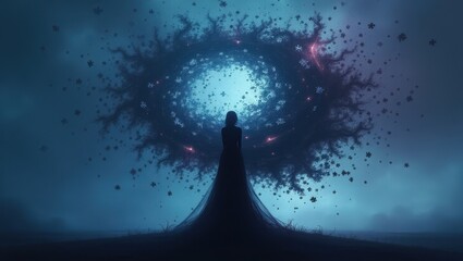 Ethereal Woman in Flowing Gown Before Mystical Glowing Tree Fantasy Art