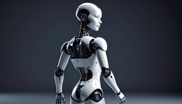 Robot Humanoide Blanco y Negro Saludando sobre Fondo Gris Neutro