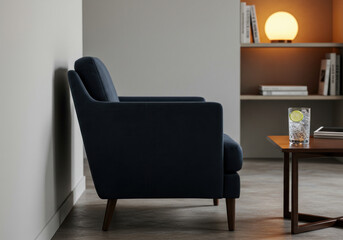 Blue chair next to coffee table.