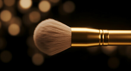 Fototapeta premium Makeup Brush Closeup with Golden Handle and Bokeh Background
