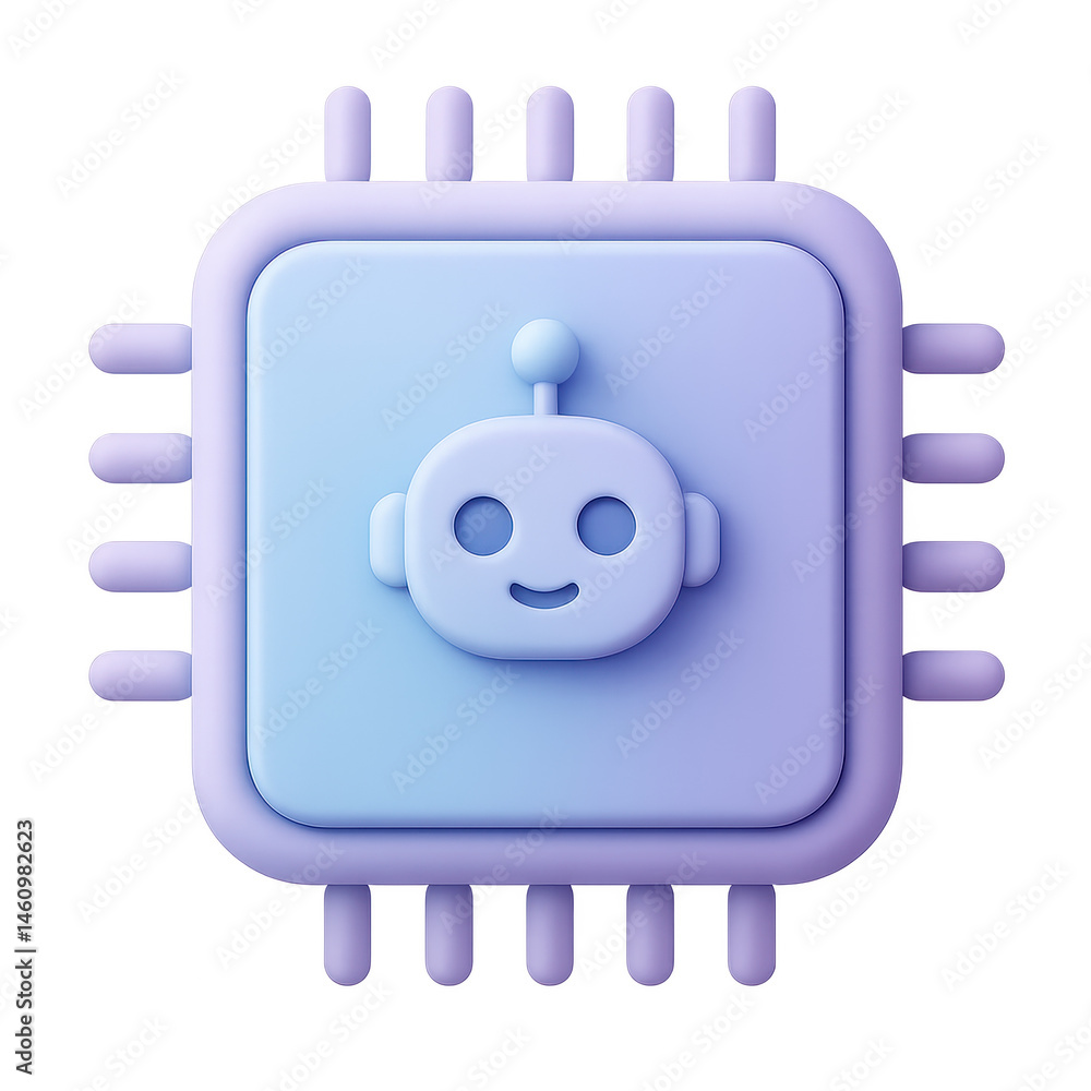 Poster ai chip icon: a stylized 3d rendering showcases a symbolic ai chip, complete with an integrated robo