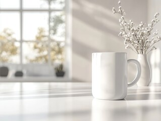 Still life of a white mug and vase with flowers near a window area