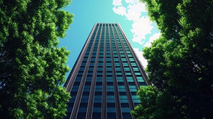 Obraz premium Modern Skyscraper Surrounded by Lush Green Trees Against a Bright Blue Sky with Soft White Clouds