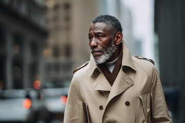 Naklejka premium Stylish Older Man in Trench Coat Walking Through City Streets on a Chilly Day