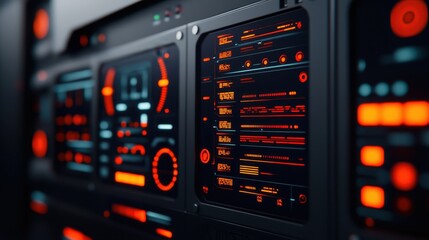 Fototapeta premium Futuristic Control Panel with Neon Orange and Dark Elements for Science Fiction or Technology Themes
