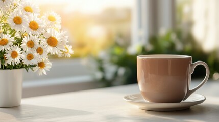 Obraz premium Tranquil Morning Scene with Coffee Cup and Fresh Flowers by Bright Window Light