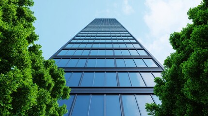 Tall Modern Skyscraper Surrounded by Lush Green Trees Under Clear Blue Sky in Urban Environment
