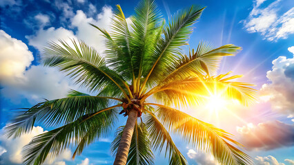 Fototapeta premium Tropical palm tree leaves with copy space and bright sunlight in summer beach theme