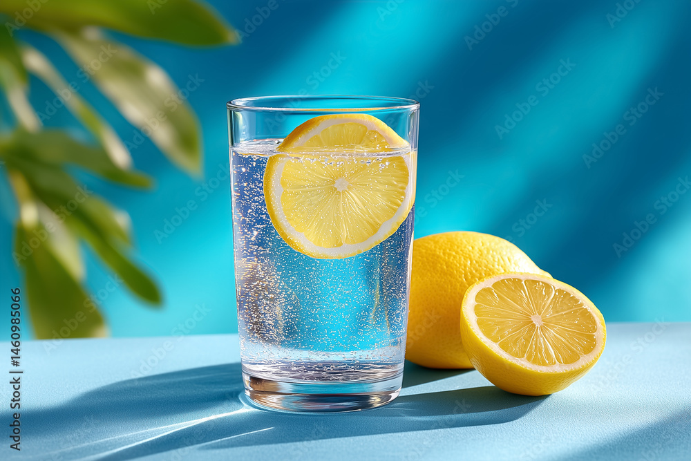 Poster sparkling water with lemon slice creates a refreshing composition. bright blue background adds vibra