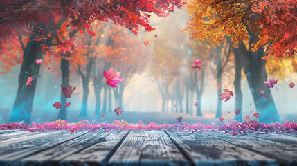 Fantasy autumn forest with path way through dense trees