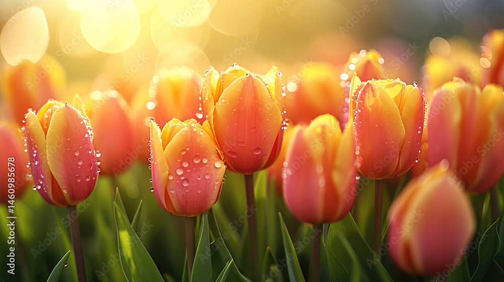 Poster vibrant orange and yellow tulips with dewdrops in sunlit spring garden, creating fresh and cheerful 