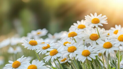 Fototapeta premium Beautiful Blossoming White Daisies in a Sunlit Meadow with Soft Focus Background for Nature Lovers and Garden Enthusiasts