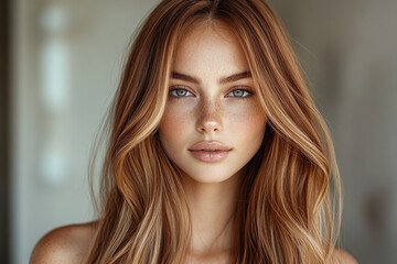 Naklejka premium Portrait of a Beautiful Woman with Light Brown Layered Hair
