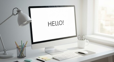 White computer monitor with the word hello! on the screen placed on a modern desk. Concept of greeting, technology, or website landing page mockup.