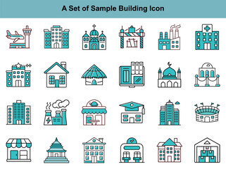 Obraz premium Diverse turquoise and black line icons showcase various buildings, reflecting architectural variety and utility