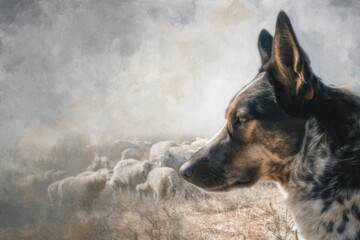 Naklejka premium A pensive canine watches over a flock of sheep in a serene landscape.