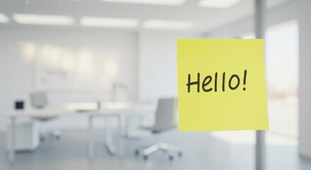 Yellow sticky note with hello written on it attached to office window. Communication and welcoming concept. Perfect for greeting card design or online presence message.