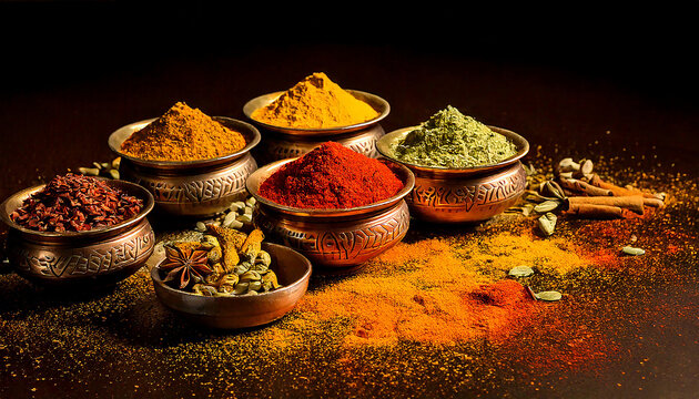 Overhead view of various Indian spices in traditional Metal tins.different dry spices like cardamom, cinnamon, turmeric. Spices like anise, star anise, ginger, pepper also present.
