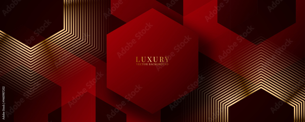 Aufkleber 3d red luxury abstract background overlap layer on dark space with golden hexagons lines decoration.