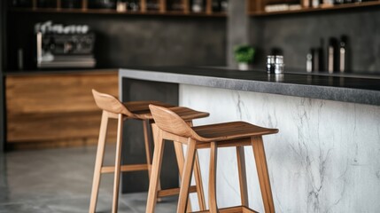Modern minimalist wooden bar stools in home or cafe setting