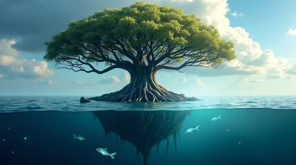 Massive tree island floating over ocean with underwater roots

