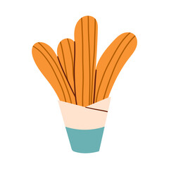 Churros icon. Illustration of traditional Spanish and Mexican sweet dessert and chocolate dip isolated on a white background. Vector 10 EPS. Hand drawn doodle illustration.