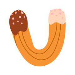 Churros icon. Illustration of traditional Spanish and Mexican sweet dessert and chocolate dip isolated on a white background. Vector 10 EPS. Hand drawn doodle illustration.