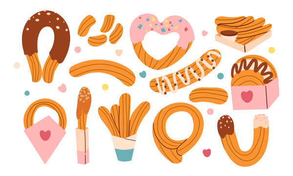 Churros set vector illustration. Cartoon isolated sweet takeaway fast food collection with churro sticks in paper bags and packages with cups of chocolate sauces and dips, fried dessert on plate