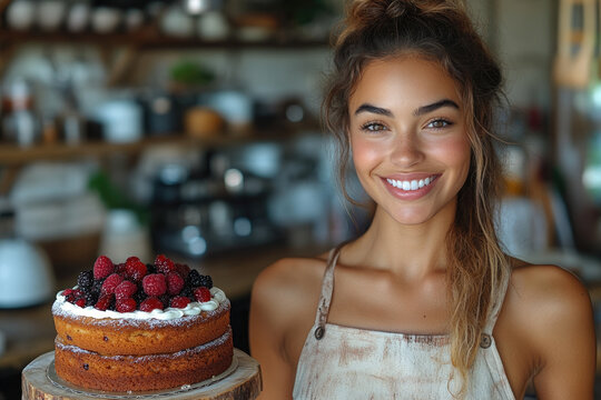 Rustic Kitchen Scene with Vlogger and Fruit Cake Table