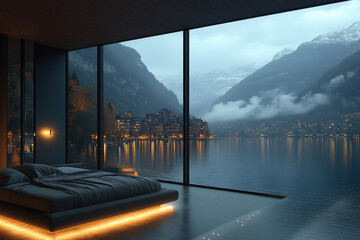 Fototapeta premium Cozy Interior Facing City Skyline and Mountain Lake at Night