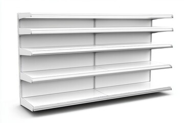 Empty white store shelving unit with multiple tiers.  Features smooth surfaces and sloped edges on each shelf