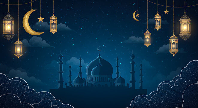 A digital illustration with a deep blue night sky, sprinkled with stars and fluffy clouds. Fancy lanterns and crescent moons hang from strings