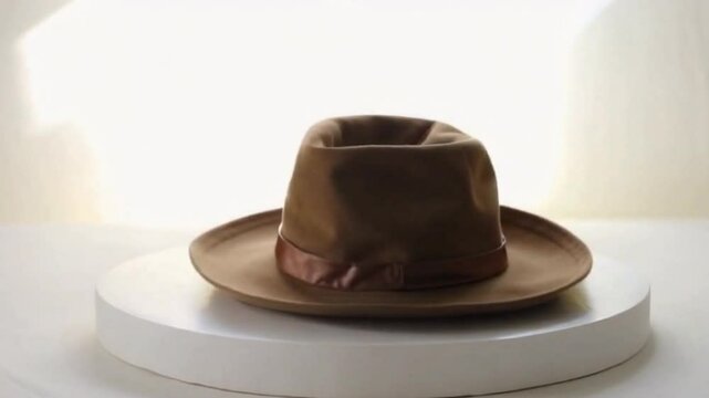 Classic fedora hat on a round pedestal with soft background light seamless looping 4k time-lapse animation video background