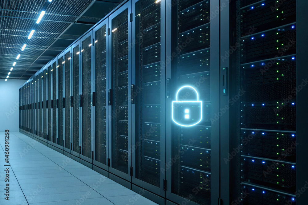 Aufkleber data center server room with cyber security lock icon - digital infrastructure and network
