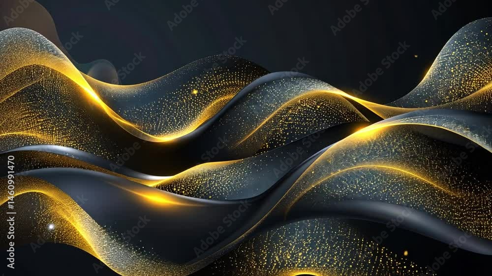 Poster elegant abstract background of flowing black and gold waves with shimmering particles, creating mesm