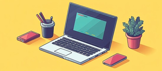 Modern Workspace: Laptop, Phone, Plant, and Pencils