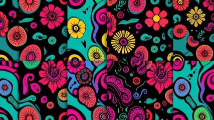 Vibrant floral patterns in a collage of colorful hand-drawn seamless designs ideal for textile prints and trendy backgrounds.