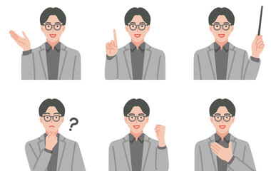 メガネの男性教師　よくあるポーズのセット