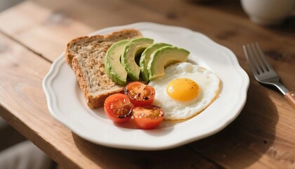 Healthy Breakfast with Avocado, Eggs, and Toast on Rustic Wooden Table