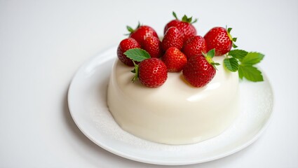 Close up of a panna cotta dessert topped with fresh strawberries on a white plate background view