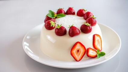 Close up of a white cake with fresh strawberries and mint leaves on a white plate on a white surface