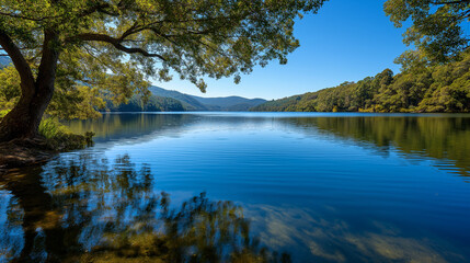 Tranquil lake reflecting nature under a blue sky