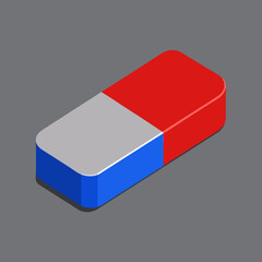 A minimal vector of a dual-color eraser (blue and red), placed on a solid soft gray background