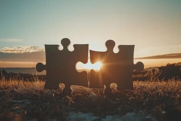 Two puzzle pieces fitting together at sunrise