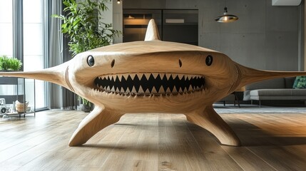 Large wooden shark sculpture in modern home