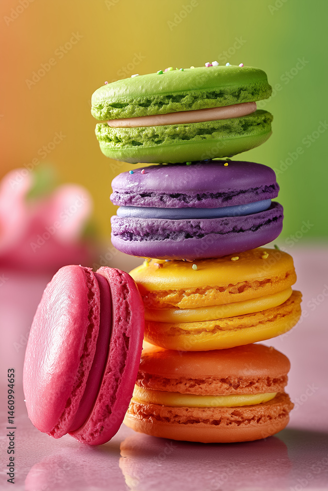 Poster colorful macarons are stacked diagonally with vibrant reflection on glossy surface. studio setting b